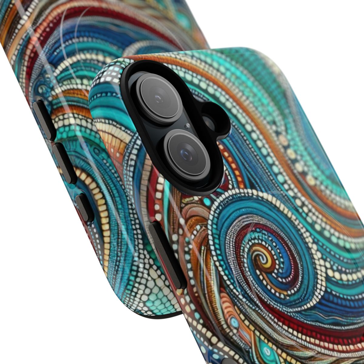 Abstract wave design phone case featuring a dot painting pattern inspired by traditional Aboriginal Australian art. - Detail