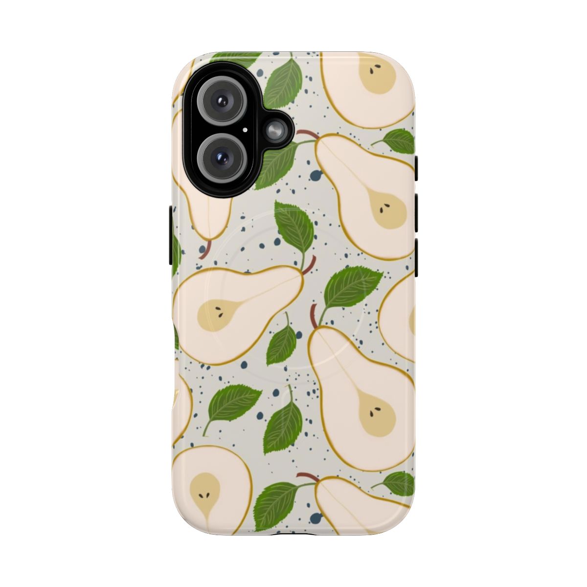 A modern and stylish phone case featuring a vibrant pear design with a grey speckled texture.