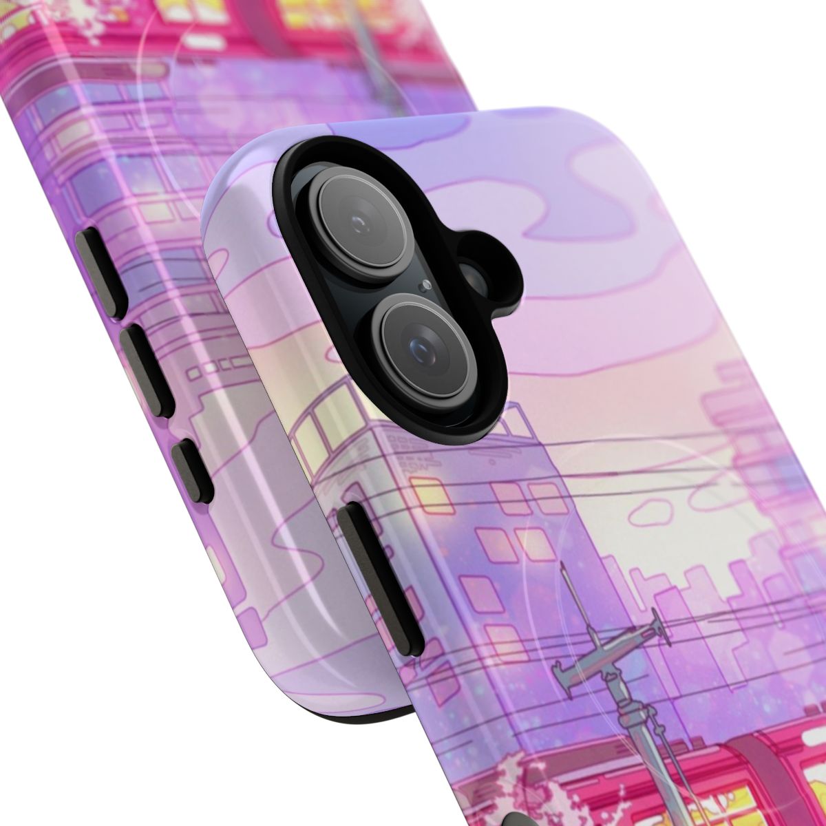 Vibrant phone case featuring a Tokyo cityscape and purple sunset - Detail