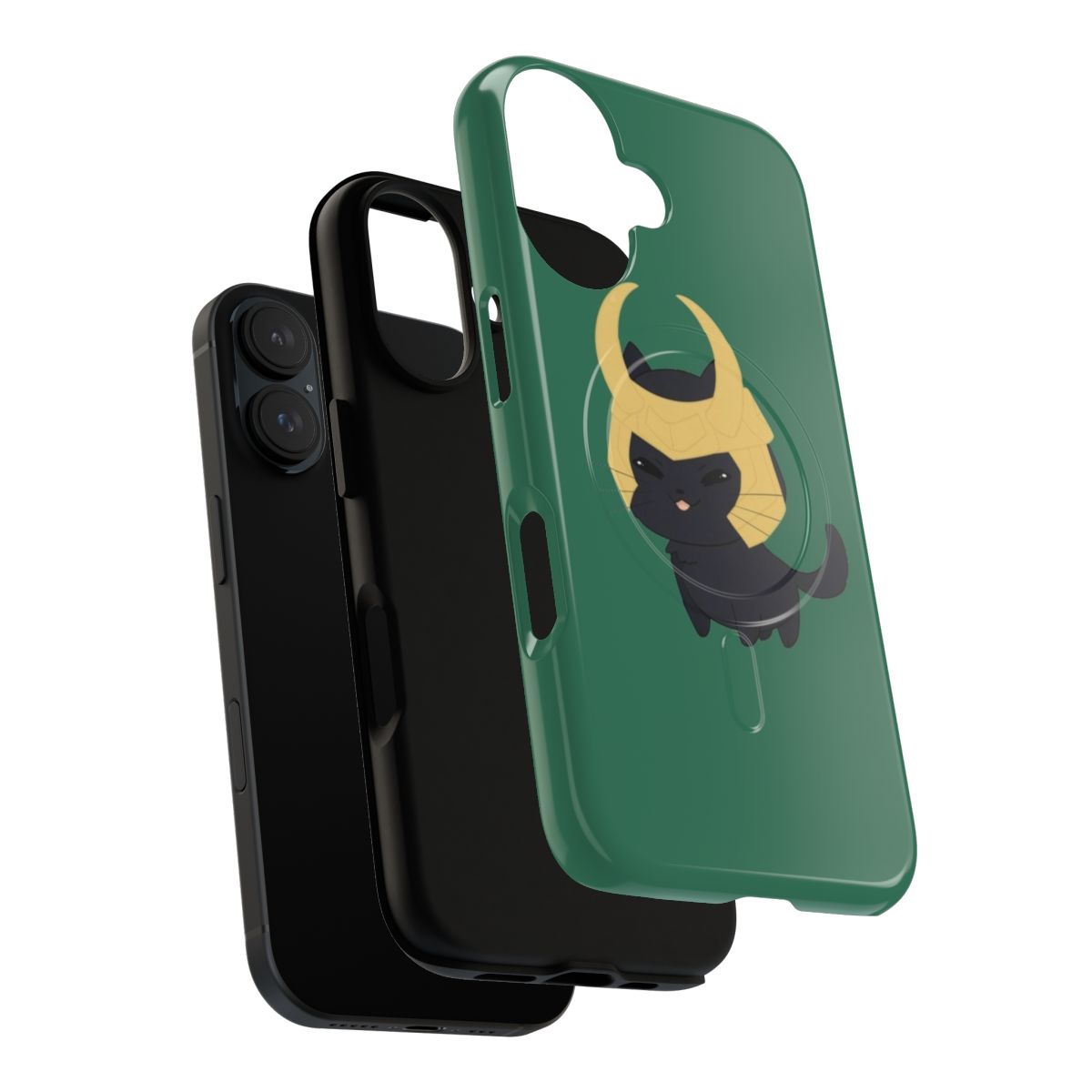 A black cat with green eyes in a chibi/kawaii style, featured on a magnetic tough phone case - Layers