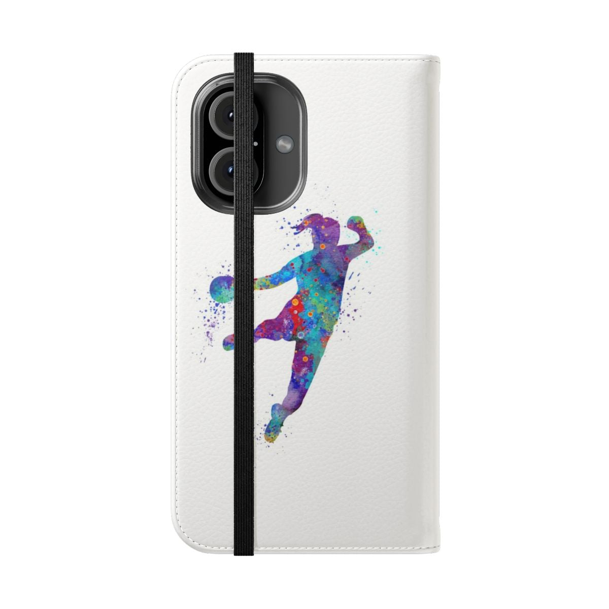 Colorful watercolor silhouette of a handball player on a flip phone case - Folded Front