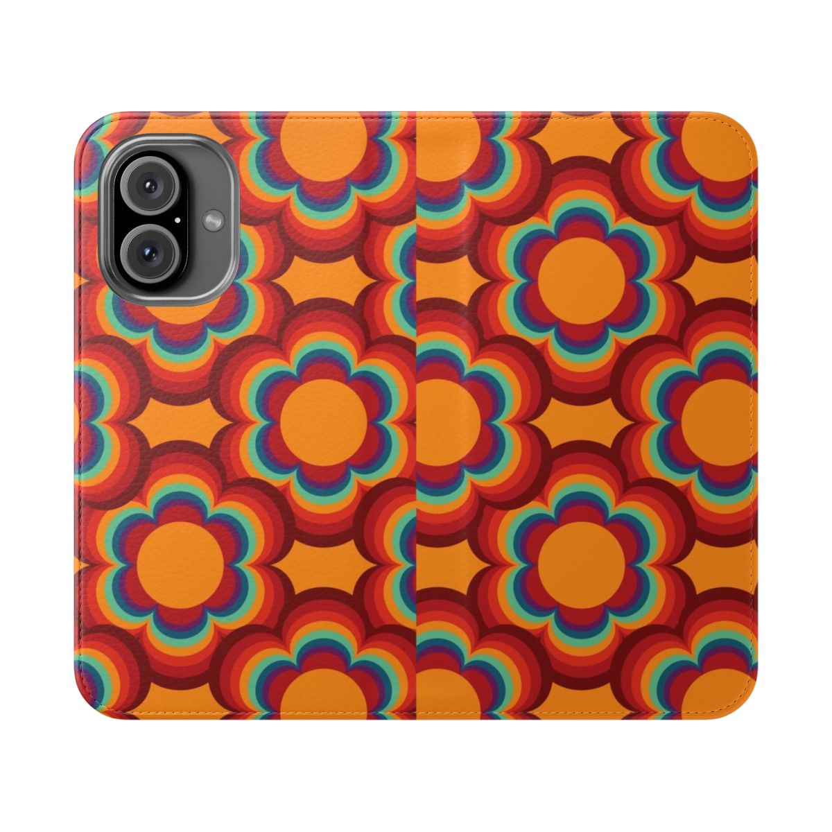 Colorful 70s-inspired phone case with a repeating big sacred flower pattern design