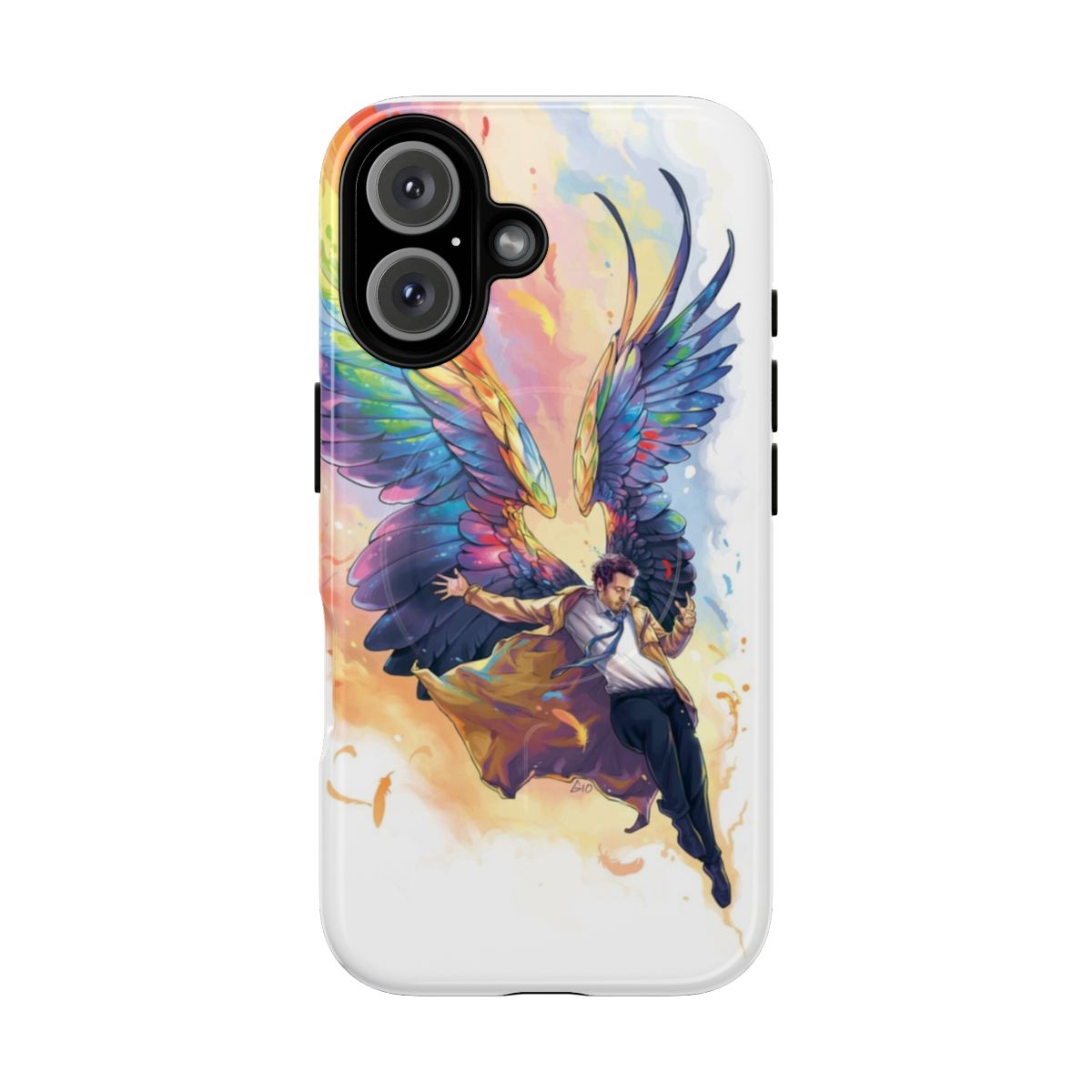 Vibrant rainbow phone case with angelic design for Supernatural enthusiasts