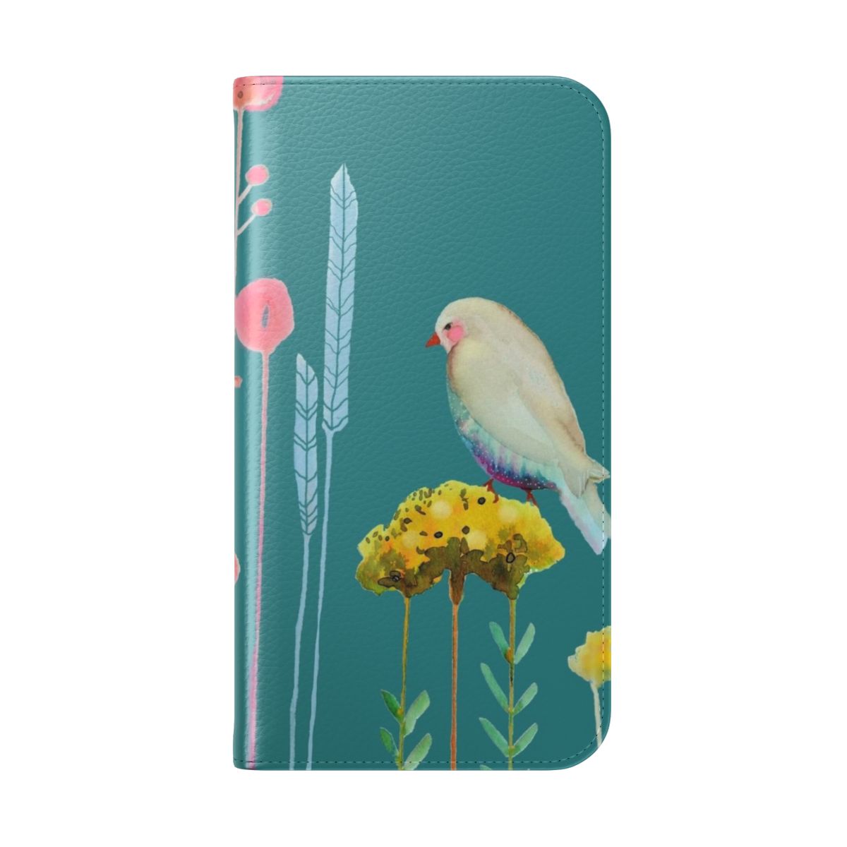 Colorful nature-themed flip cover phone case with bird, flower, and leaf designs - Folded Back