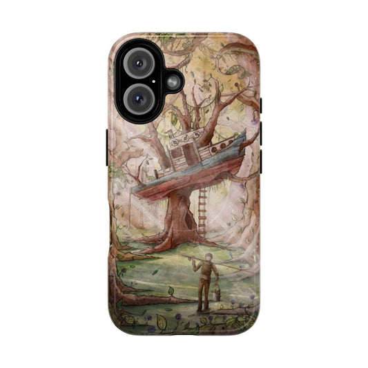 A magnetic phone case featuring a fisherman in a forest setting with trees and sunlight