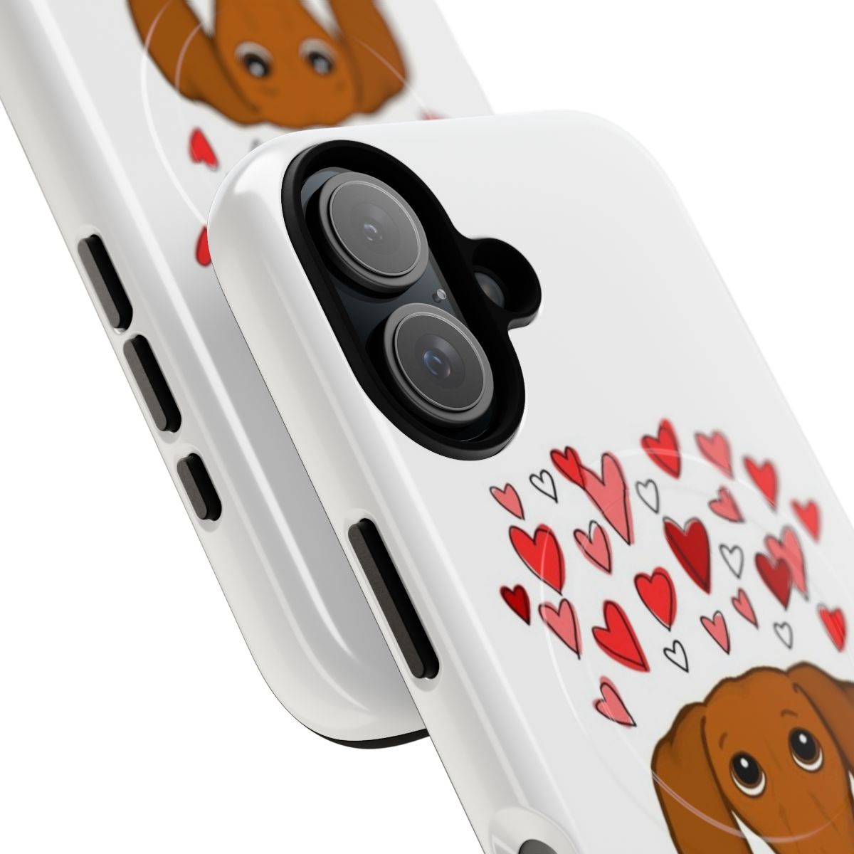 Magnetic tough phone case featuring a cute dachshund dog with hearts design - Detail