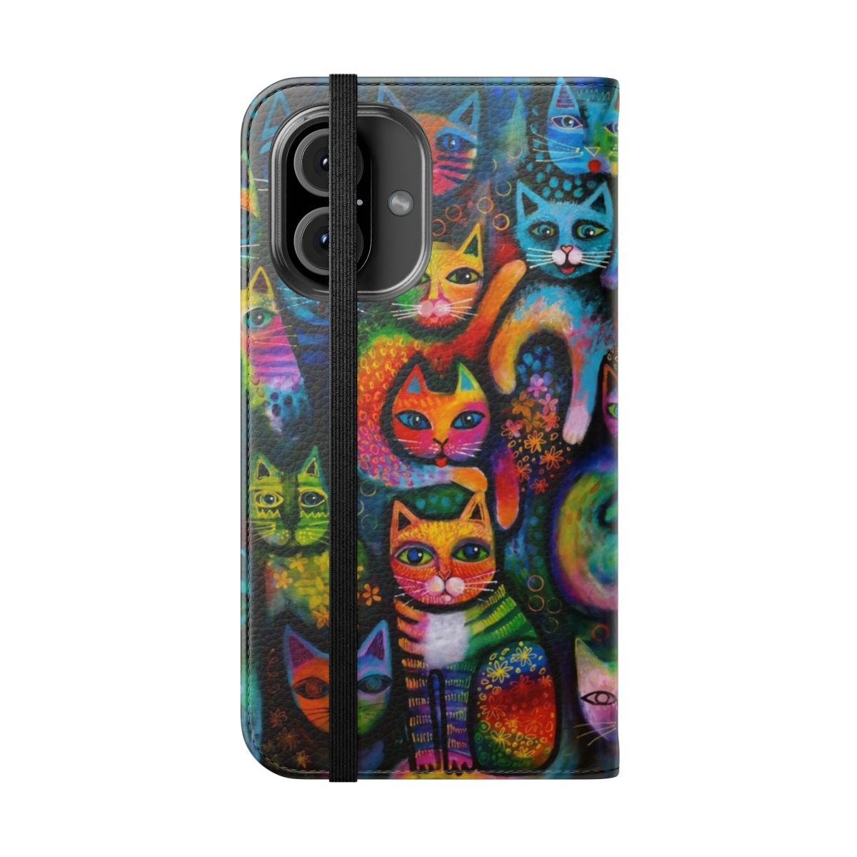 Colorful and whimsical phone case with abstract cat design by artist Karinzeller - Folded Front