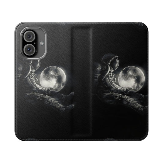 Cosmic moon-themed flip cover phone case with a surreal, space-inspired design.