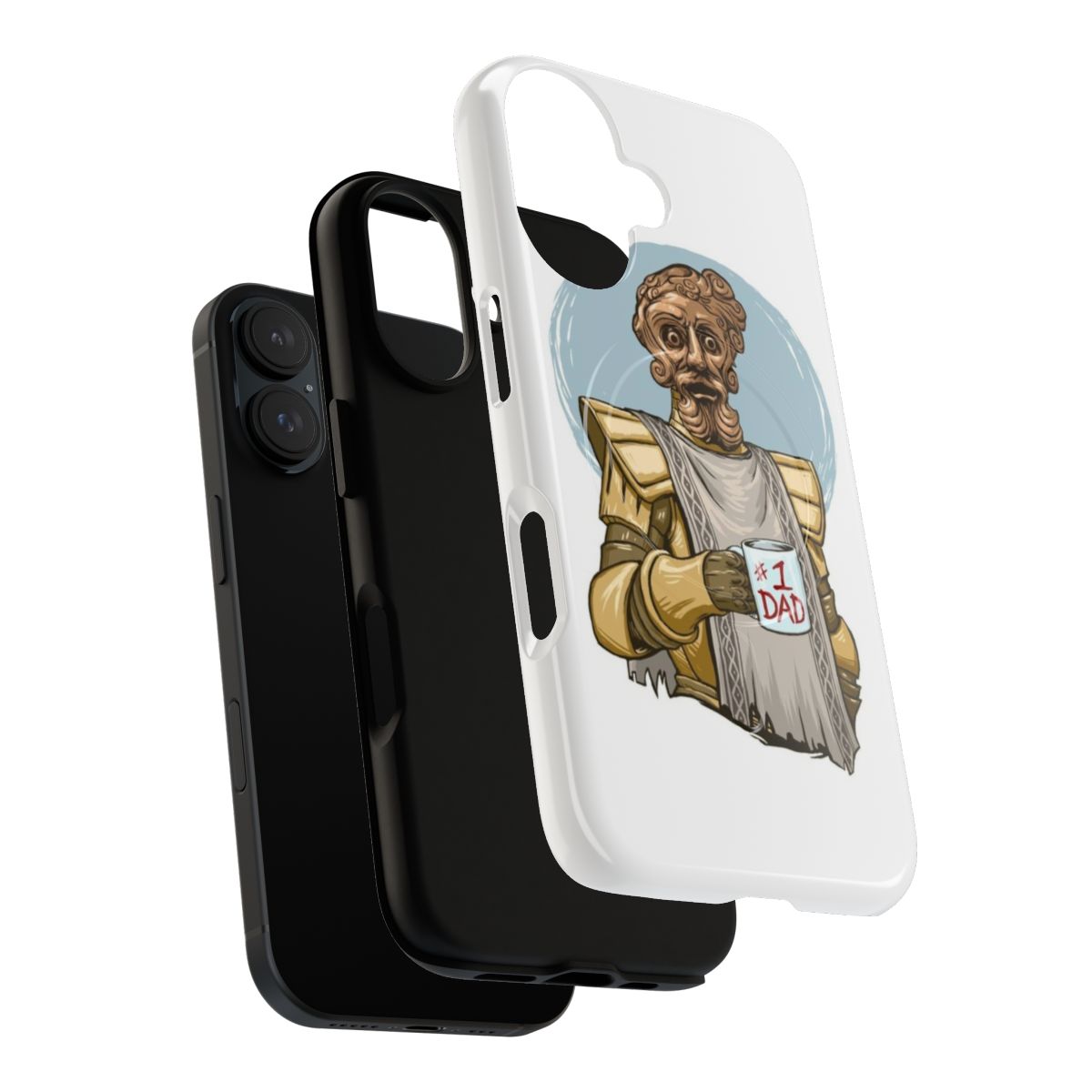 A dark colored magnetic phone case with the "Giant Dad" meme from the video game Dark Souls - Layers