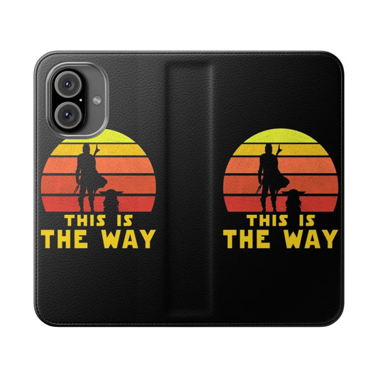 Retro-style flip phone case with Mandalorian-inspired graphics