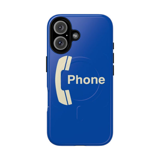 Vintage-inspired magnetic phone case featuring a retro pay phone graphic in royal blue.