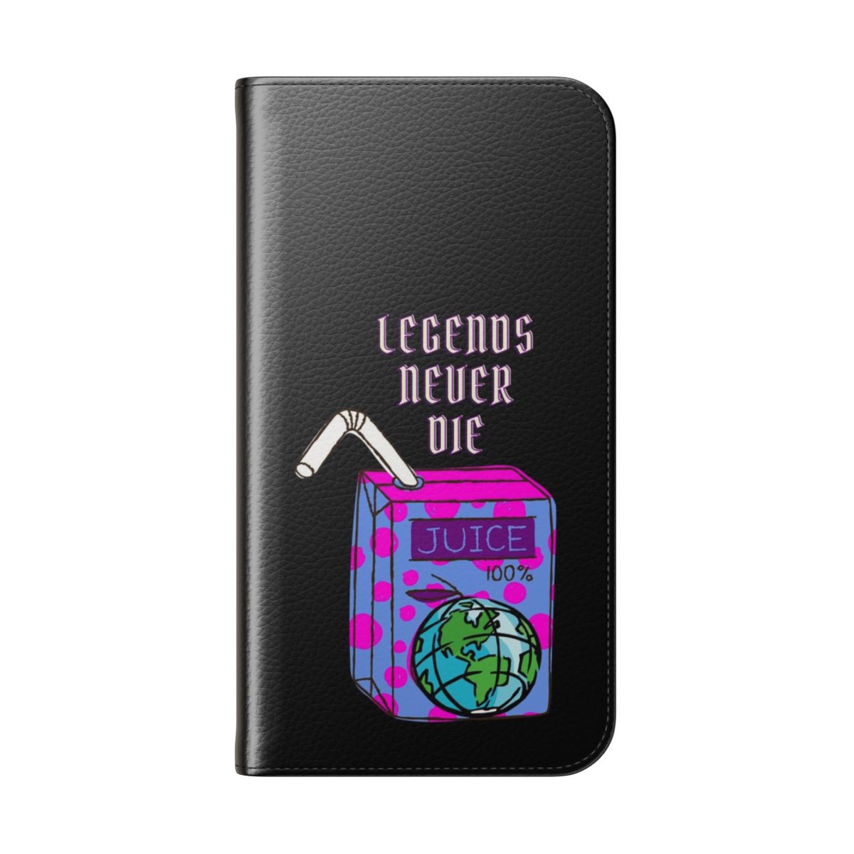 Flip phone case featuring a hip hop inspired design with a legend graphic and drinking straw - Folded Back