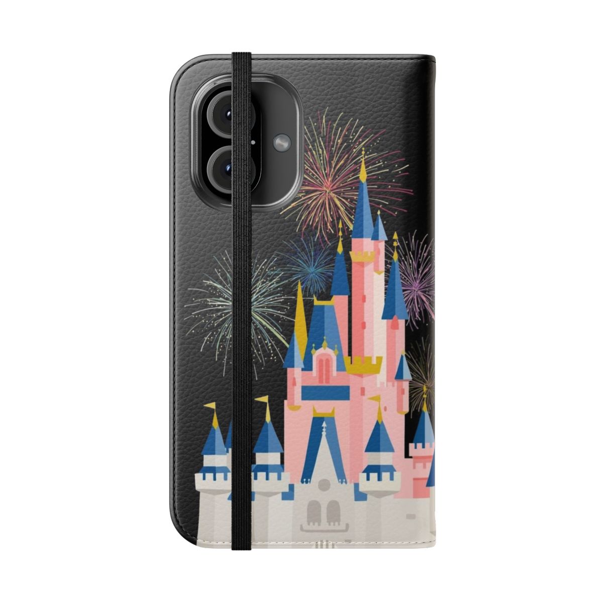 A black phone case featuring a fairytale castle design, perfect for Disney fans. - Folded Front