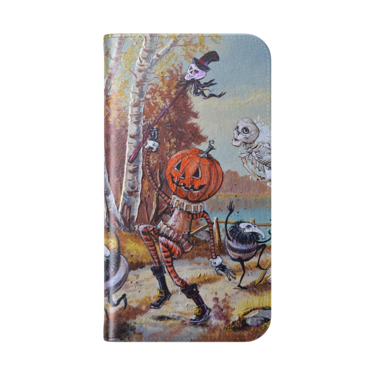 Flip cover phone case with a Halloween-themed design featuring pumpkins, ghosts, and other spooky elements. - Folded Back