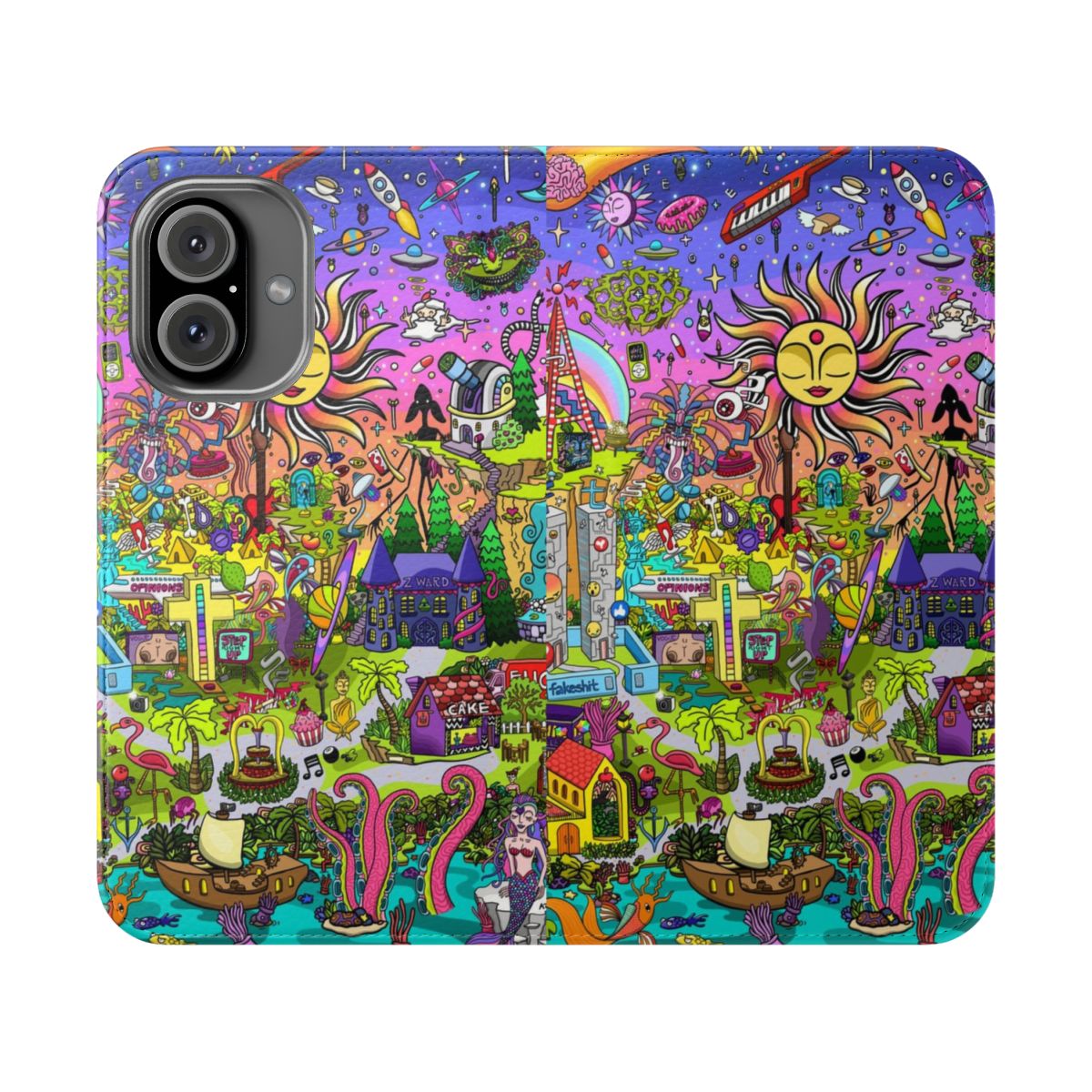 Psychedelic flip cover phone case with a surreal, cosmic design featuring the sun, stars, and abstract elements.