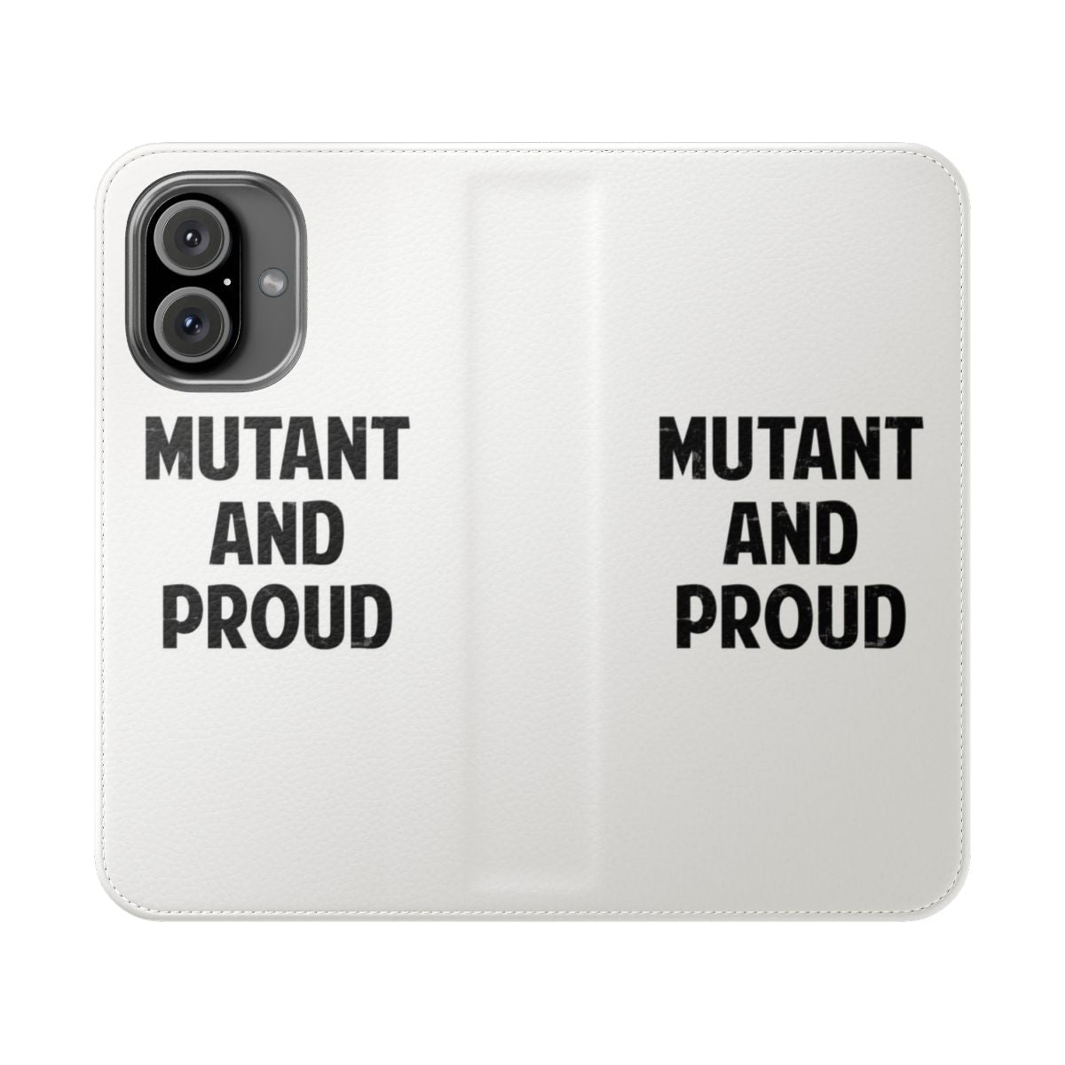 Mutant-themed flip phone case with superhero design