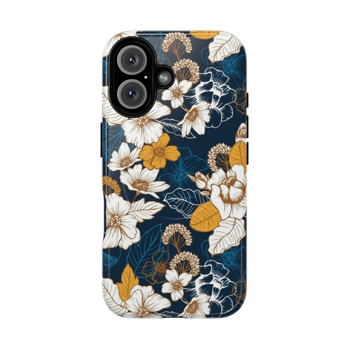 Navy and gold seamless pattern with hand-drawn peonies, roses, and botanical elements on a phone case.