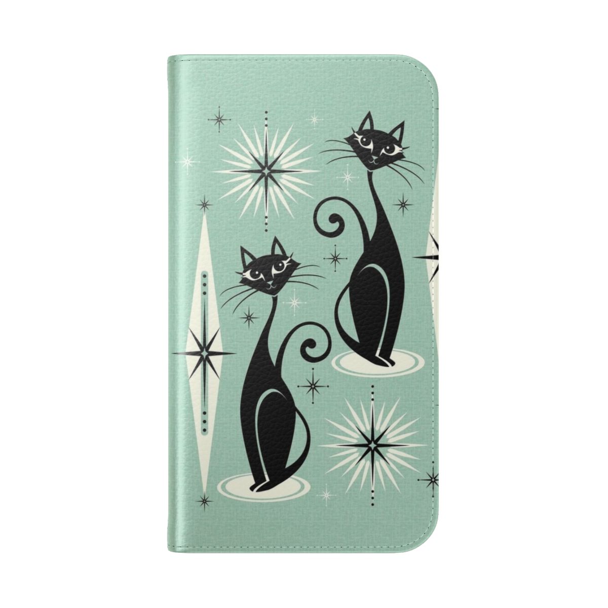 Retro atomic cat print phone case in mint color - Folded Back