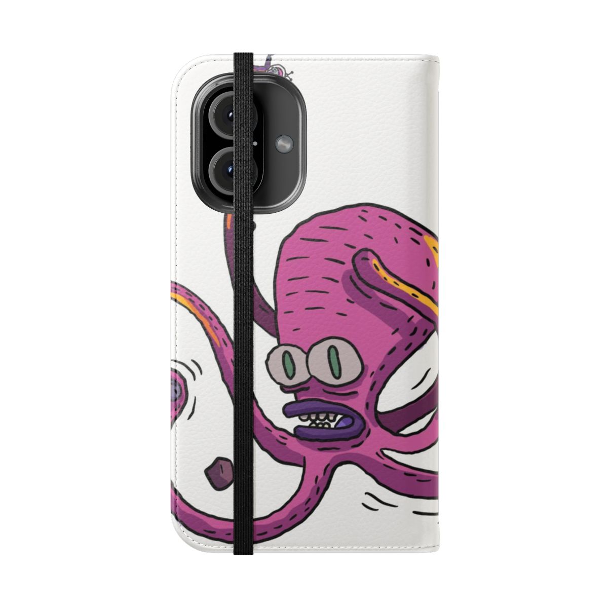 Vibrant and whimsical phone case featuring a space octopus creature on a starry, cosmic background - Folded Front