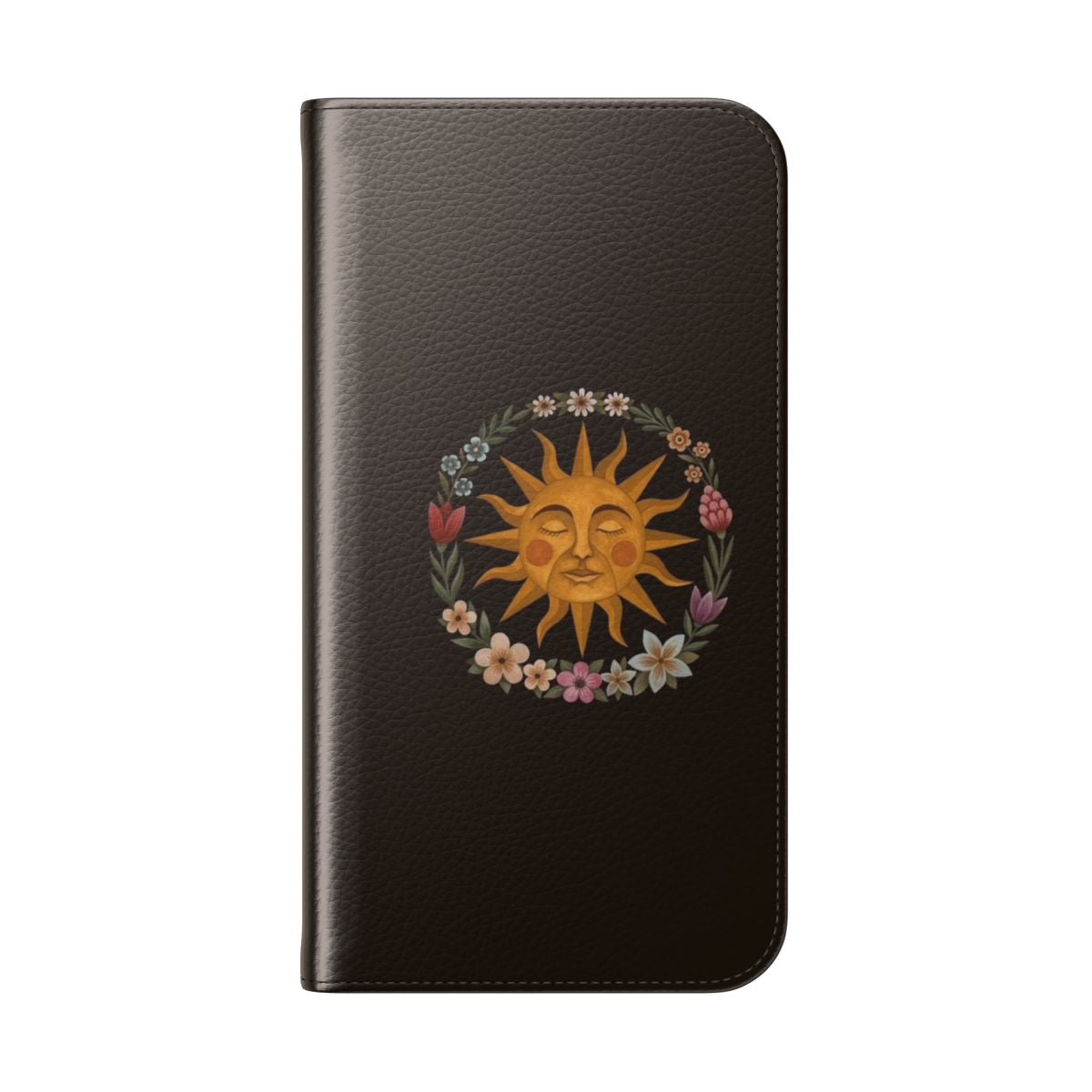 A vibrant floral phone case featuring a sun and nature-inspired design. - Folded Back