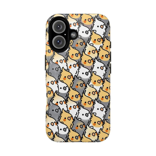 A vibrant phone case featuring a playful design of chubby cockatiels in a party setting.