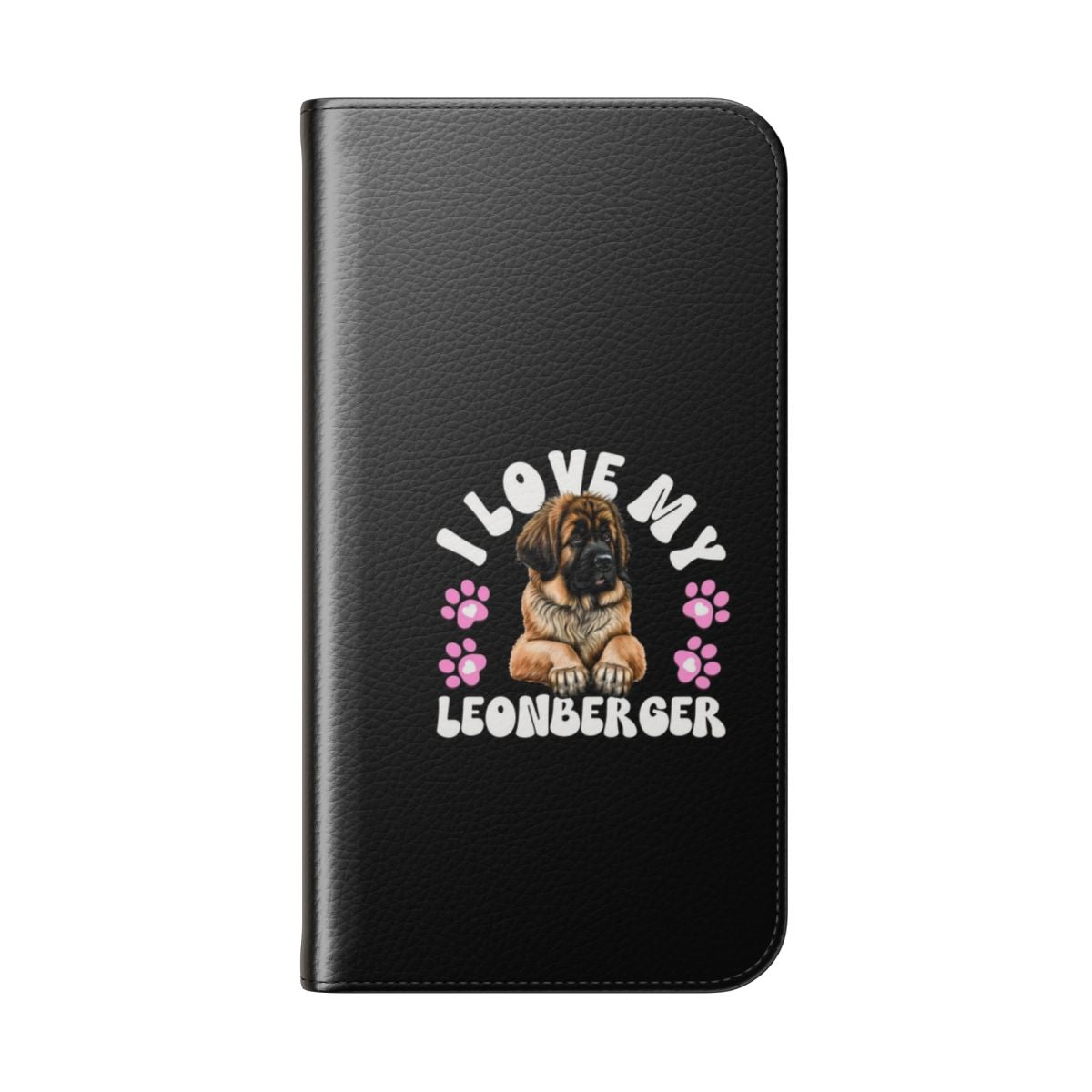 Flip cover phone case with a playful Leonberger dog design - Folded Back