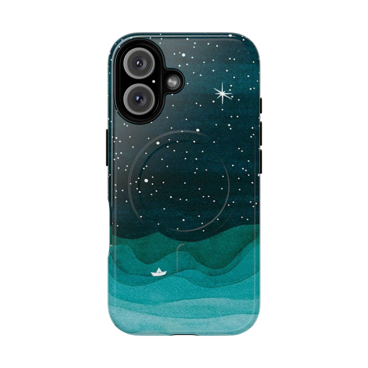 Teal sailboat on a starry night ocean with watercolor waves phone case