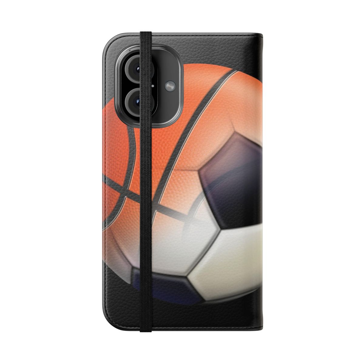 Colorful flip phone case featuring basketball and soccer ball designs - Folded Front