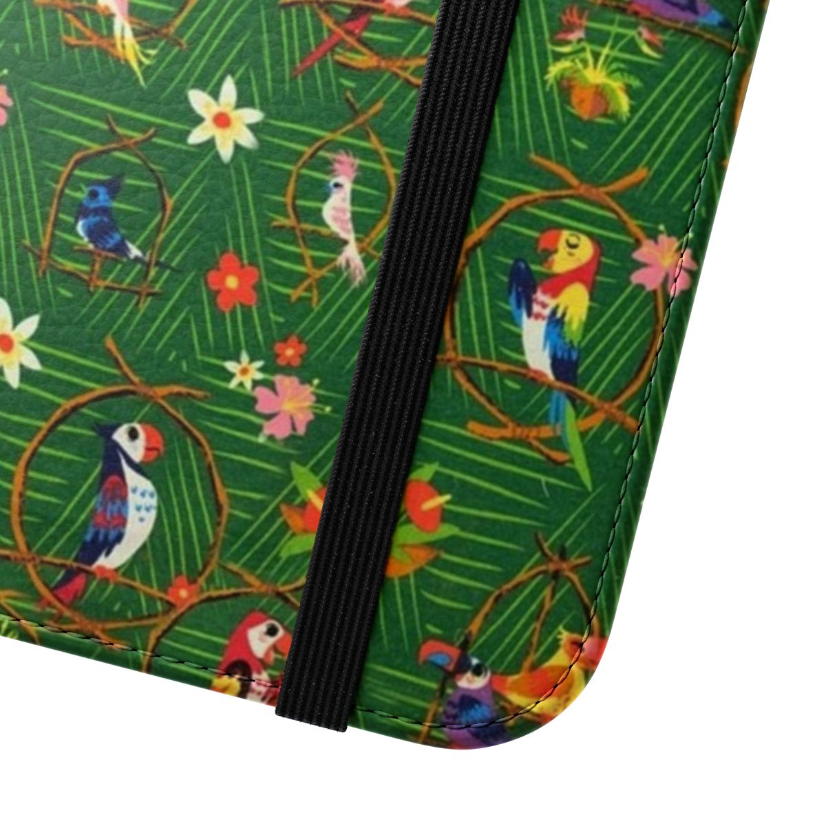 Flip phone case with enchanted tiki room design featuring singing birds, rainbows and jewels - Close Up