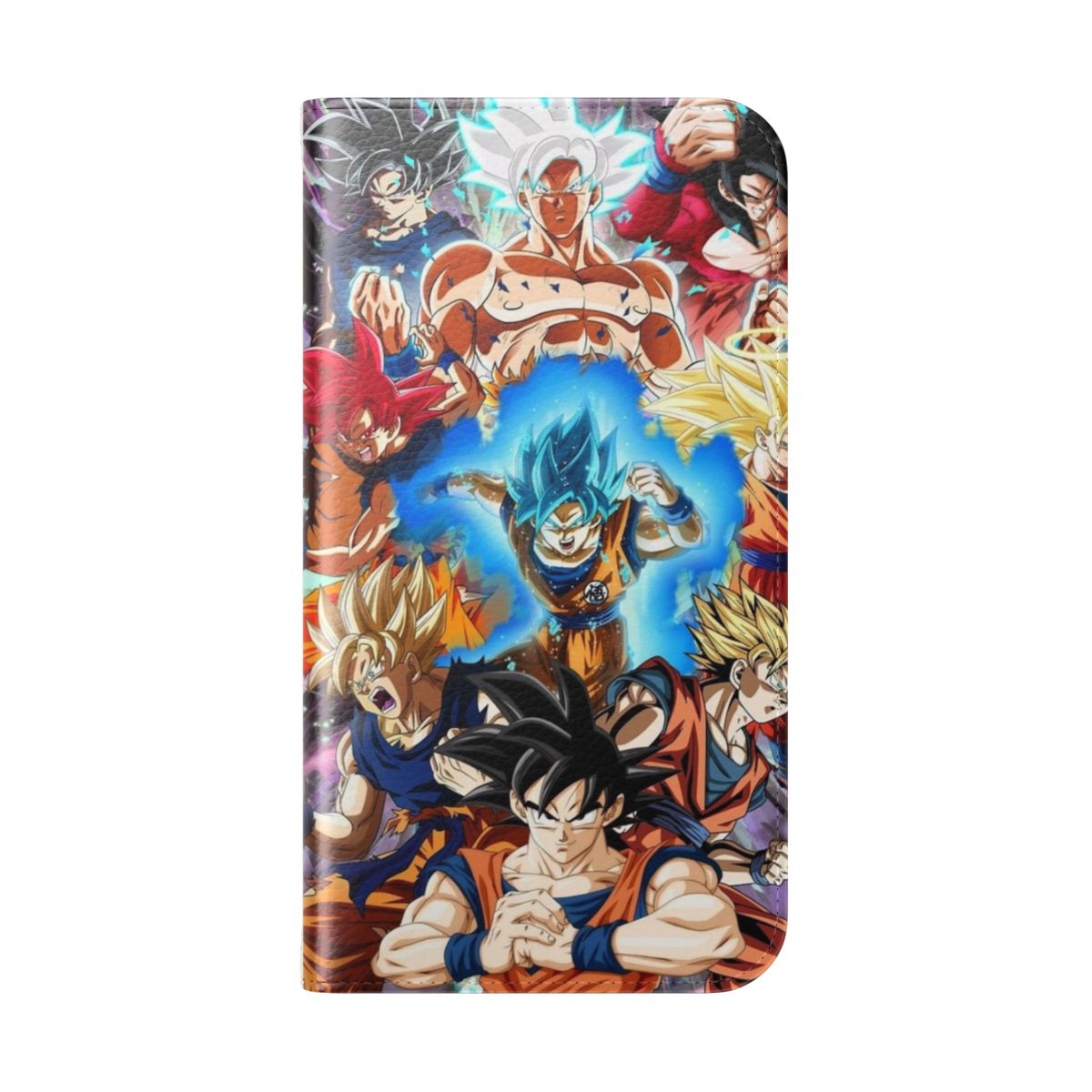 Flip phone case featuring illustrations of Goku's various transformations from the Dragon Ball anime and manga series. - Folded Back