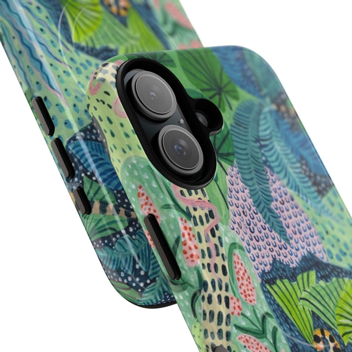 Lush green tropical leaves and a fierce jungle tiger on a durable magnetic phone case. - Detail