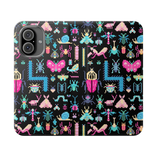 Vibrant pixel art design featuring various insects like butterflies, beetles, and spiders on a phone case.