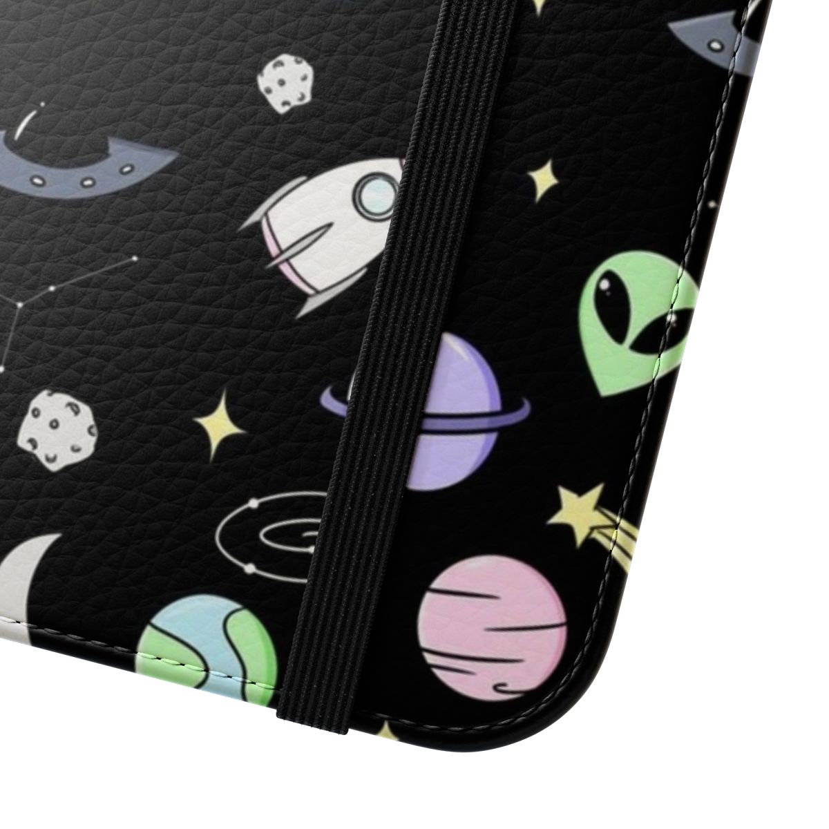 Sleek and stylish flip cover phone case with a space-inspired aesthetic design featuring stars, galaxies, and a cosmic theme. - Close Up