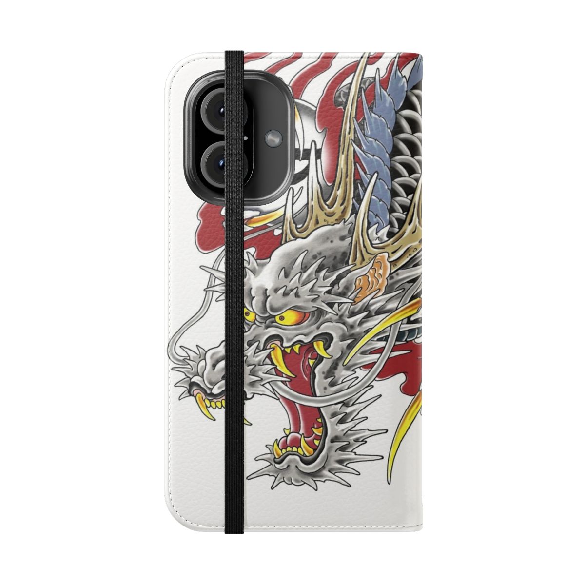 Horizontal flip cover phone case featuring a Yakuza-inspired tattoo design, including the iconic "Hanya" mask and Kazuma Kiryu's dragon tattoo. - Folded Front