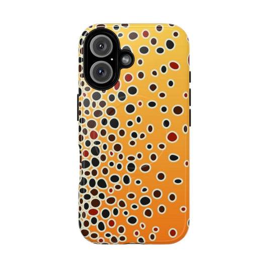 A tough, magnetic phone case featuring a realistic brown trout skin design for outdoor enthusiasts and anglers.