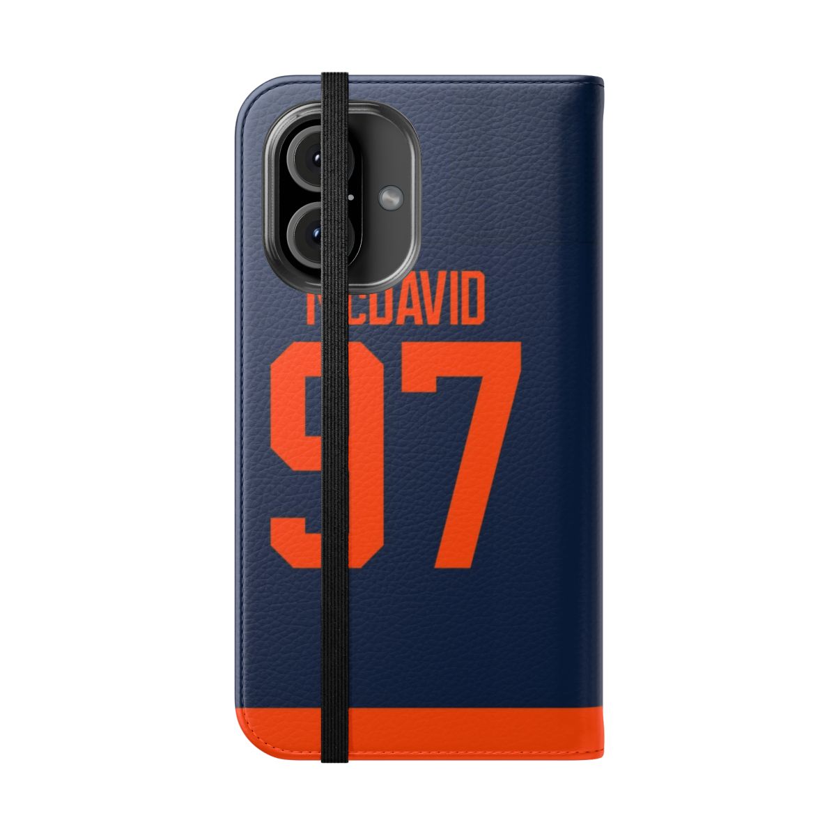 Customized phone case featuring the Edmonton Oilers' alternate jersey design and Connor McDavid's name and number. - Folded Front