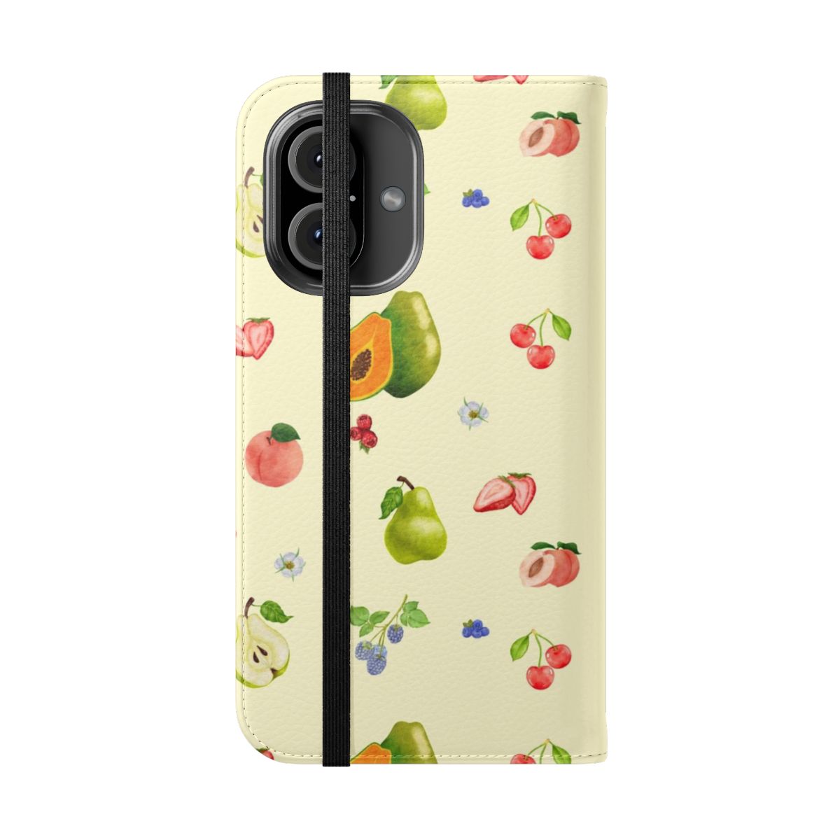 Colorful flip phone case with a vintage, scandinavian-inspired fruit design - Folded Front