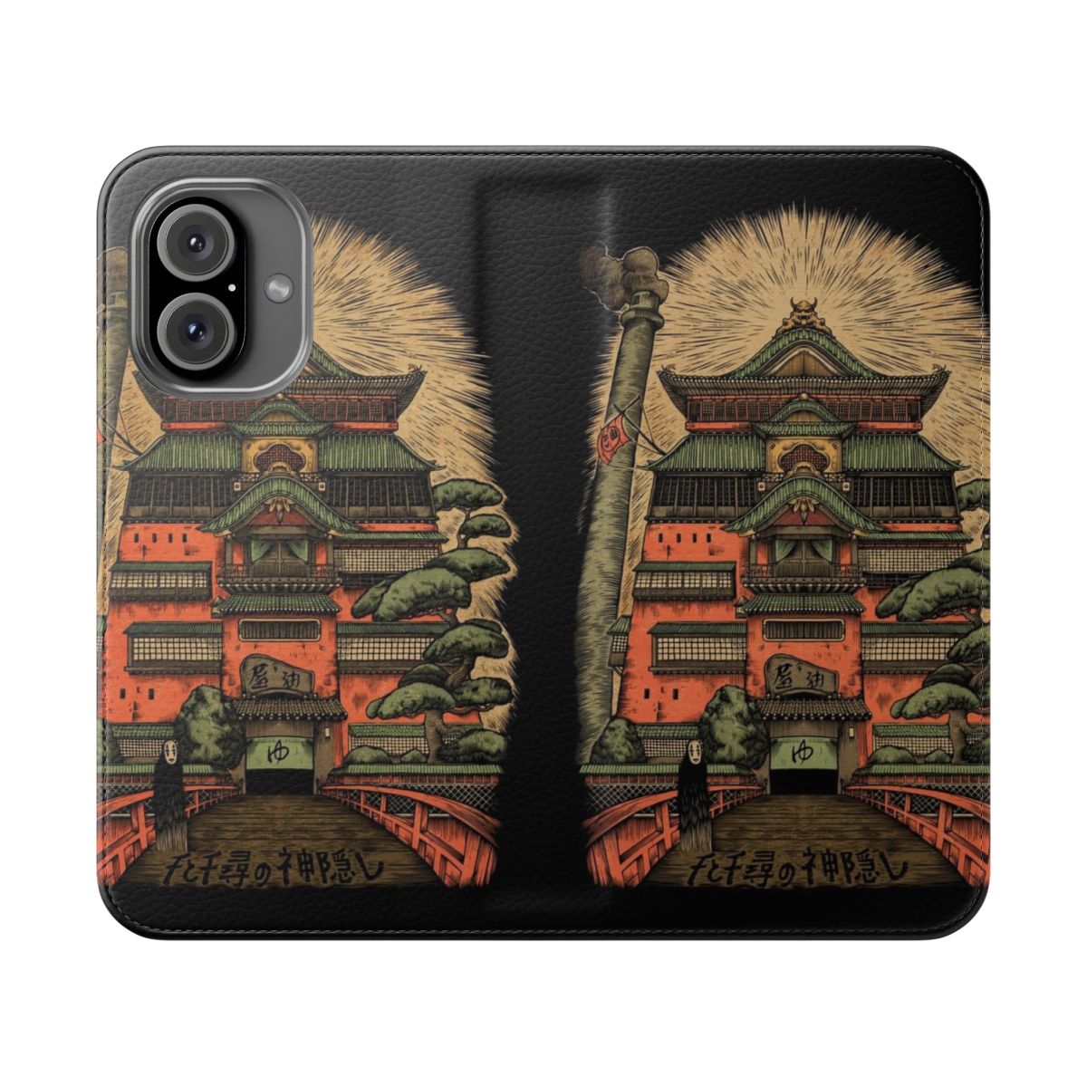 Anime-inspired phone case featuring Chihiro, No Face, and the Yokai Bathhouse from the popular Japanese animation.