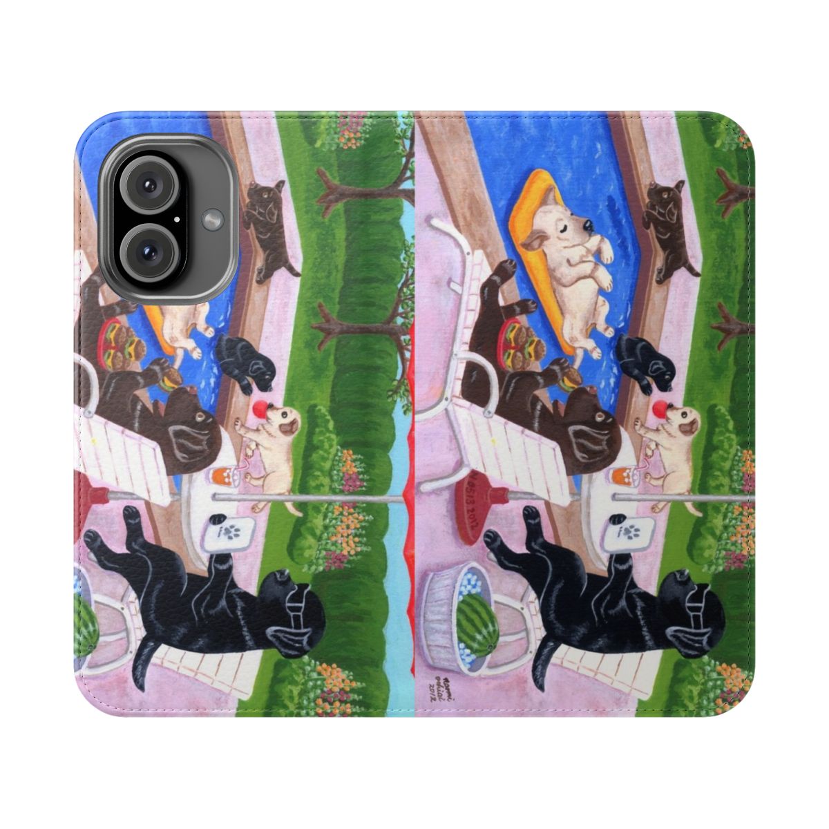 Vibrant illustration of Labrador Retrievers enjoying a pool party on a phone case