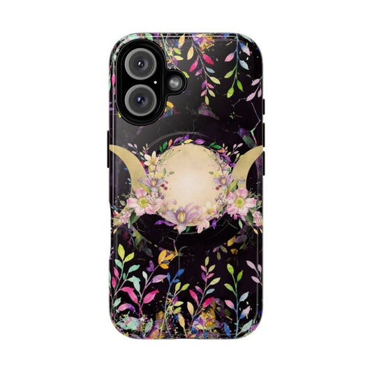 Watercolor phone case featuring a triple moon goddess design with floral elements.