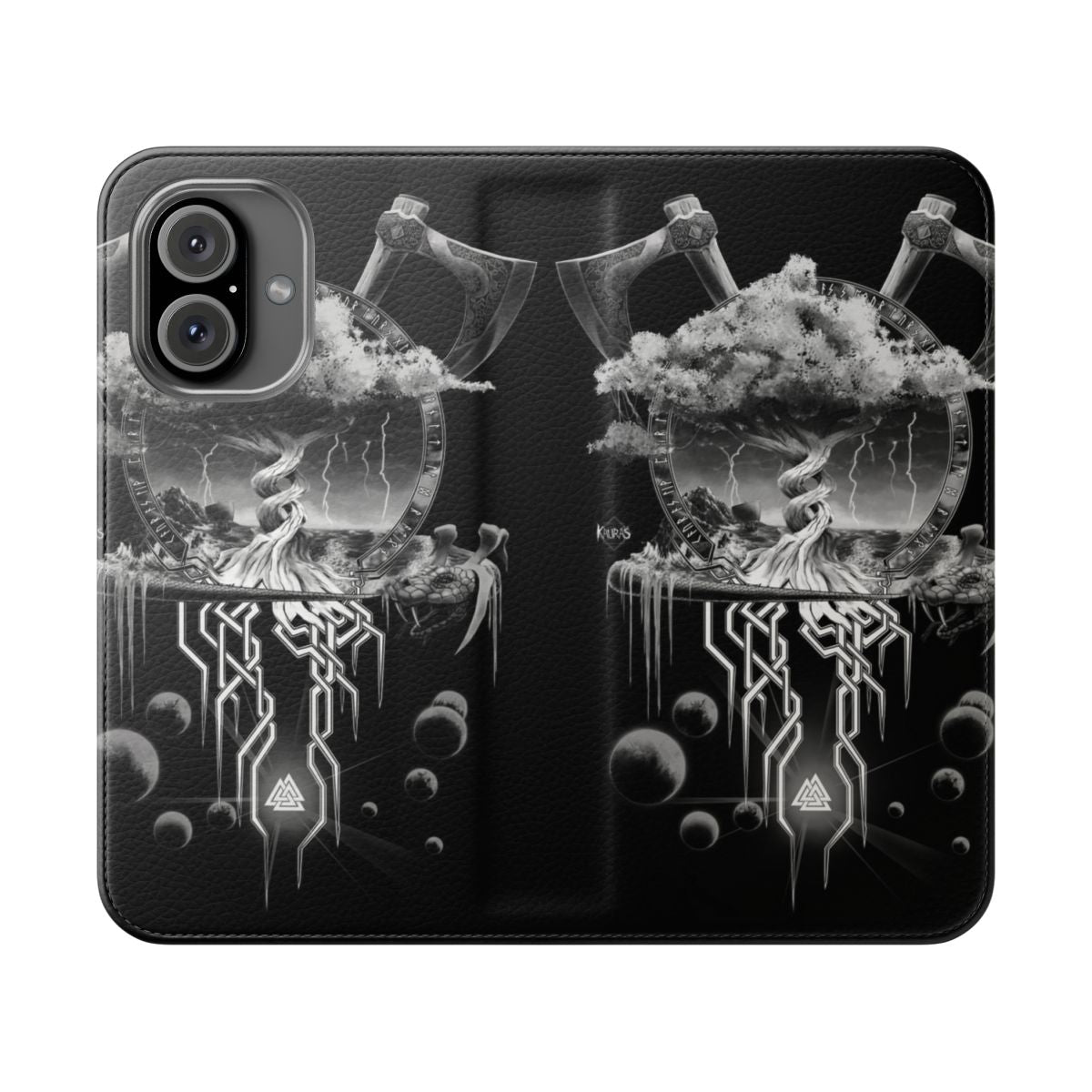 Closeup of a stylish phone case with Viking and Norse mythology inspired design.