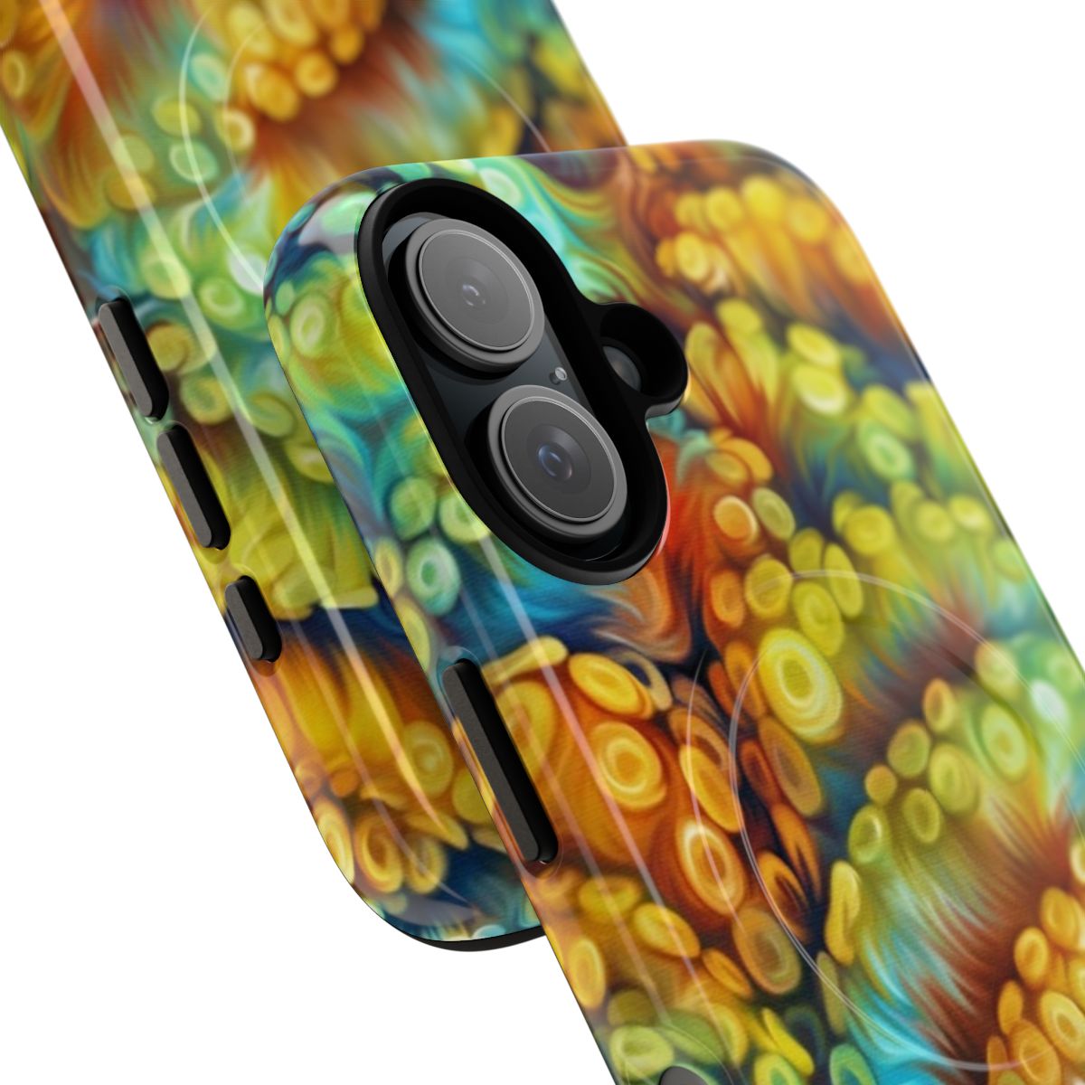 Vibrant and colorful phone case featuring an abstract octopus tentacle pattern - Detail