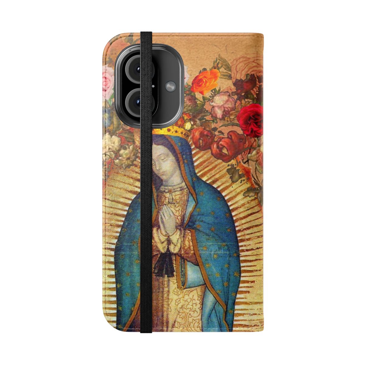 Vibrant Catholic phone case featuring the image of the Virgin Mary, also known as Our Lady of Guadalupe. - Folded Front