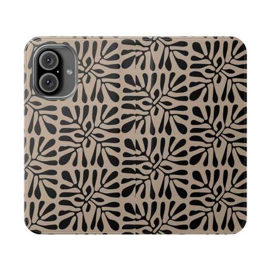 Matisse-inspired flip cover phone case with abstract brown and black pattern