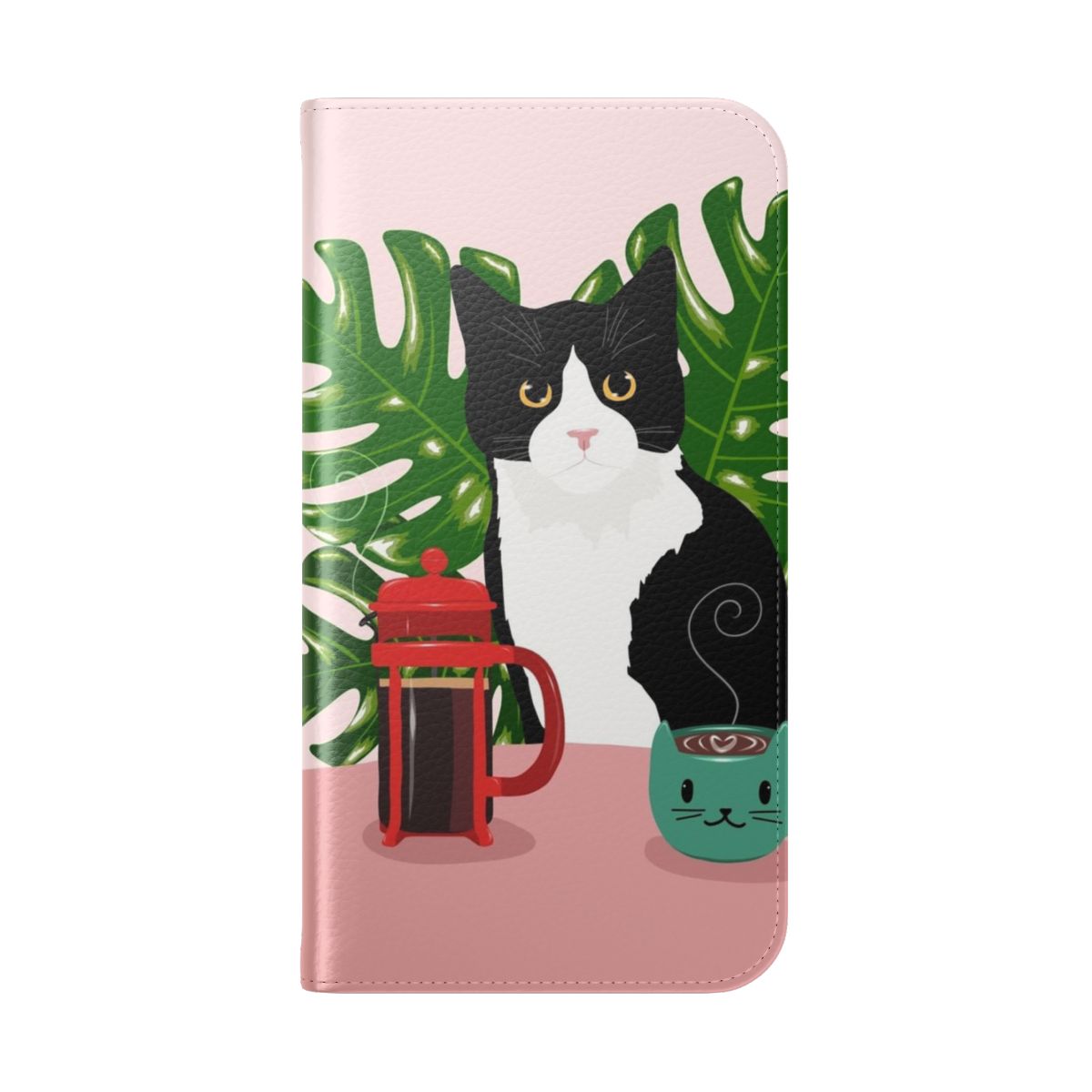 Flip phone case featuring a tuxedo cat and coffee french press design with monstera leaves - Folded Back