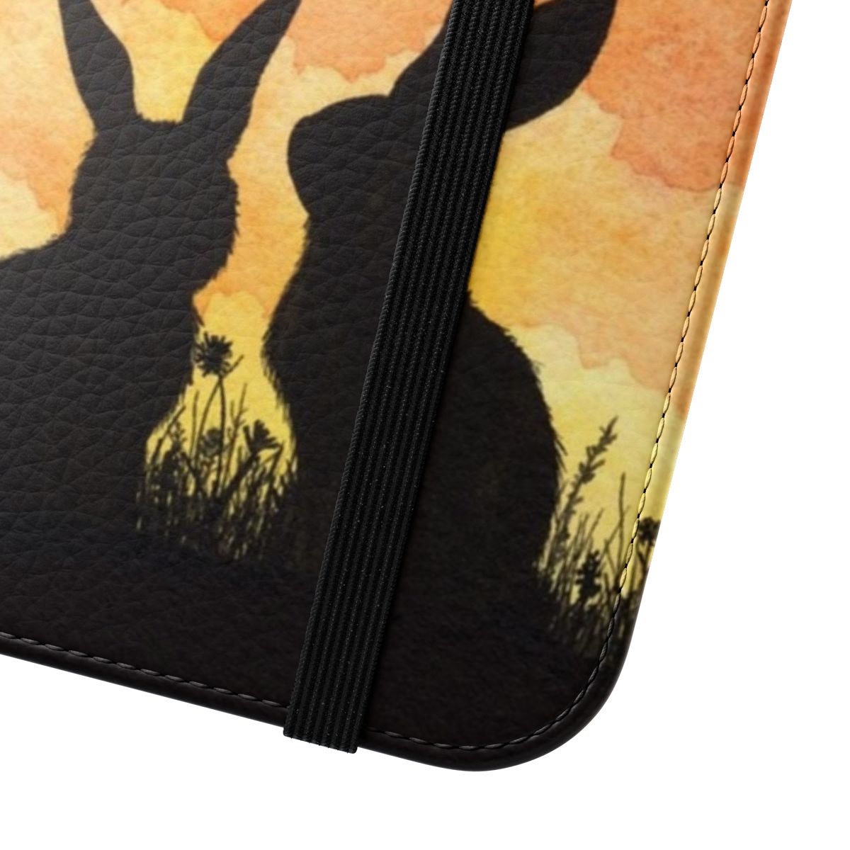 Watercolor illustration of a rabbit or bunny silhouette against a starry, cosmic background on a flip phone case. - Close Up