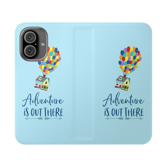 Flip phone case with Up movie-inspired design featuring the Pixar film's "Adventure is Out There" quote and wilderness explorer elements.