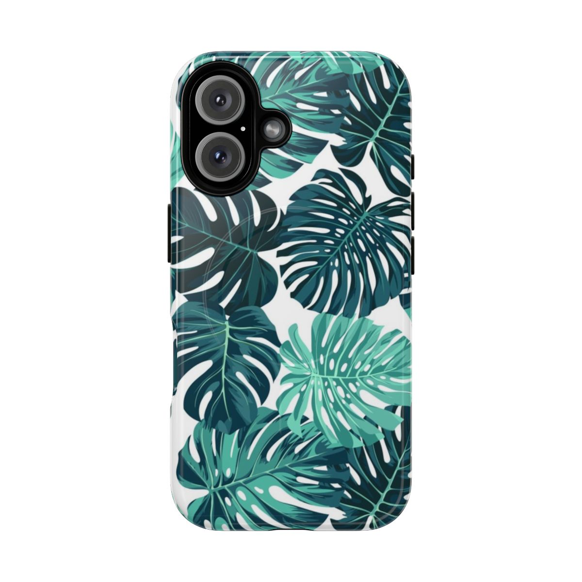 A green and blue monstera leaf pattern phone case with a magnetic closure.