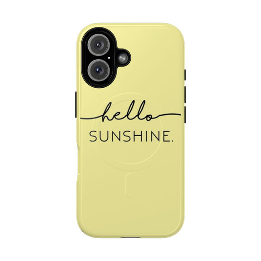 A yellow phone case with a minimalist "hello sunshine" design, perfect for a baby nursery.