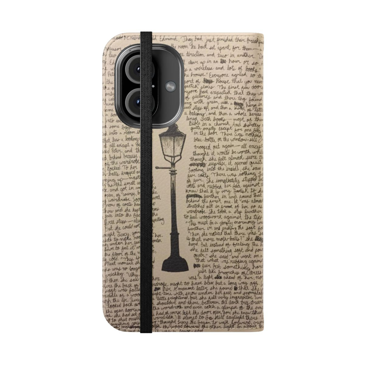 Flip cover phone case with a sketch of a lamp post, inspired by The Chronicles of Narnia by C.S. Lewis. - Folded Front